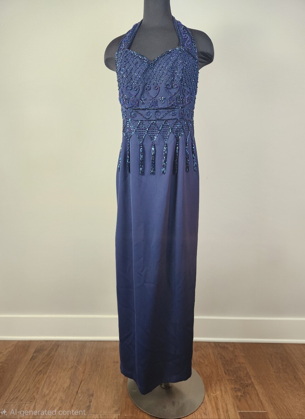 VTG TED LAPIDUS Navy Beaded Halter Evening Gown